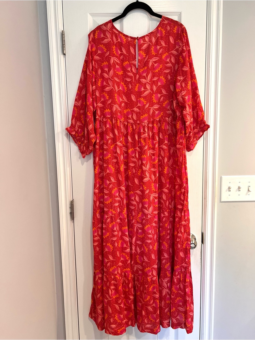Briton Court Red Floral Maxi Dress with Pink and Orange Leaf Print Large Modal - Picture 5 of 6
